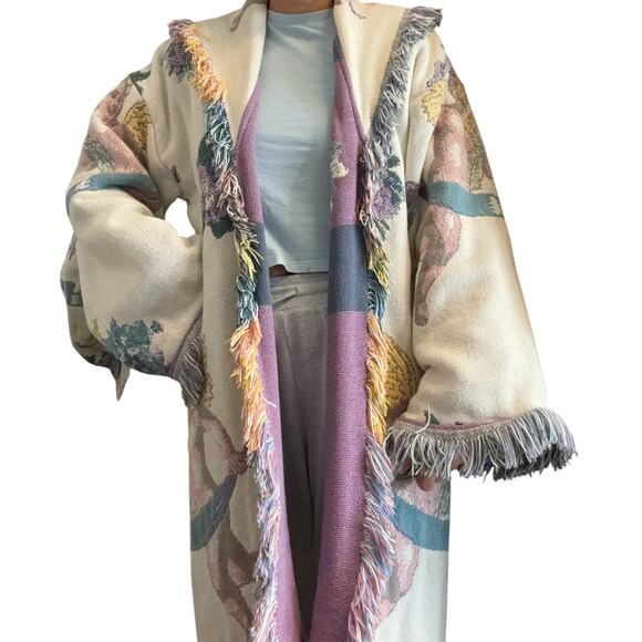 Vintage All in the Bag Coat tapestry blanket fringe 90s cherub open front size L - Picture 10 of 10